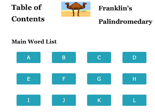 Franklin’s Palindromedary, Table of Contents snapshot, Main entries with splits, Reversed entries, Palindromes, Ananyms, Verbs