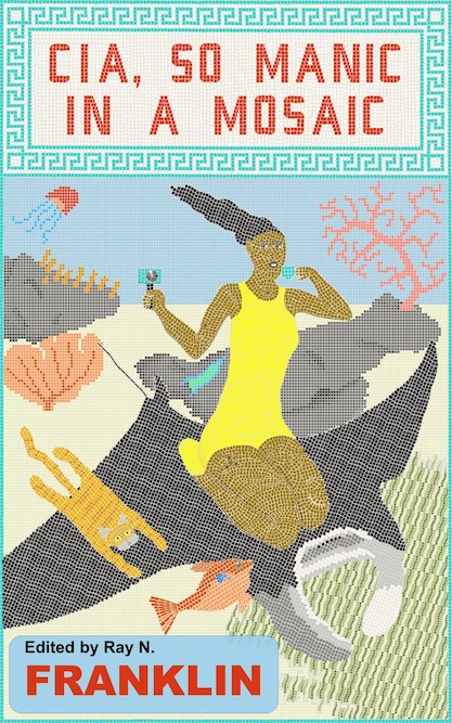 Mosaic image of Cia riding a giant manta under the sea with her ocean-loving cat.