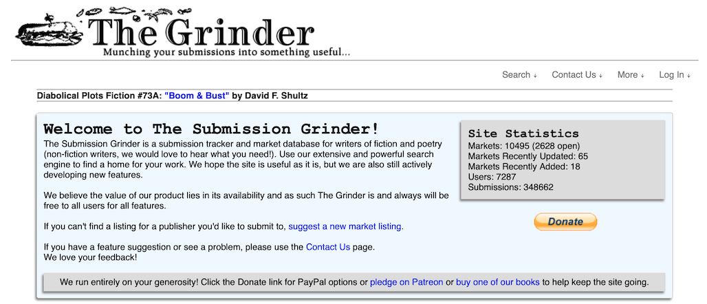 The Grinder submissions tracker home page