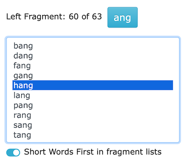 The Short Words First toggle below the Left pane puts short words first in the fragment lists.