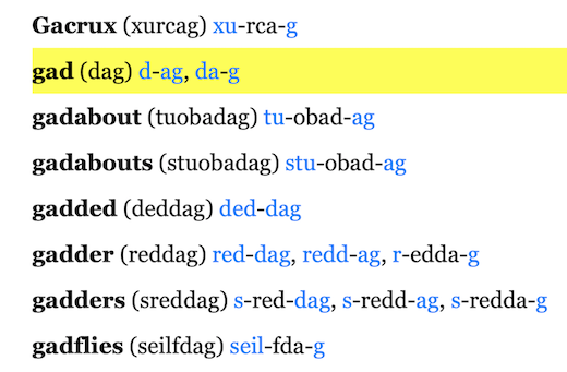 Main Word List, sample entries, words starting with gad