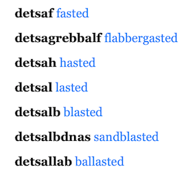 Reversed Word List, a few words ending in sted