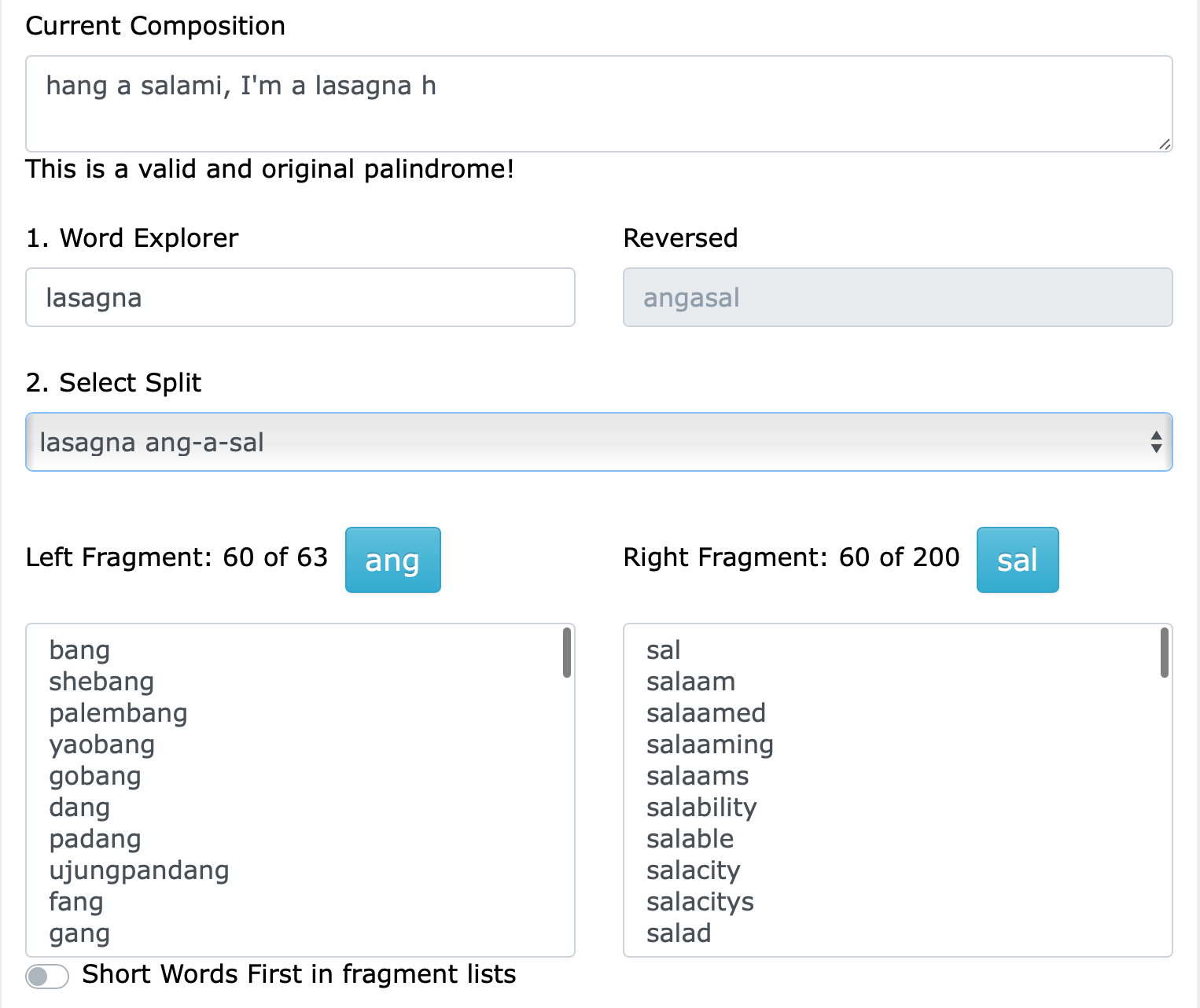 Palindrome Composer example. Current Composition field checks palindrome validity. Word Explorer field shows useful splits for entered word. Left-Right fragment panes show useful words matching selected split fragments.