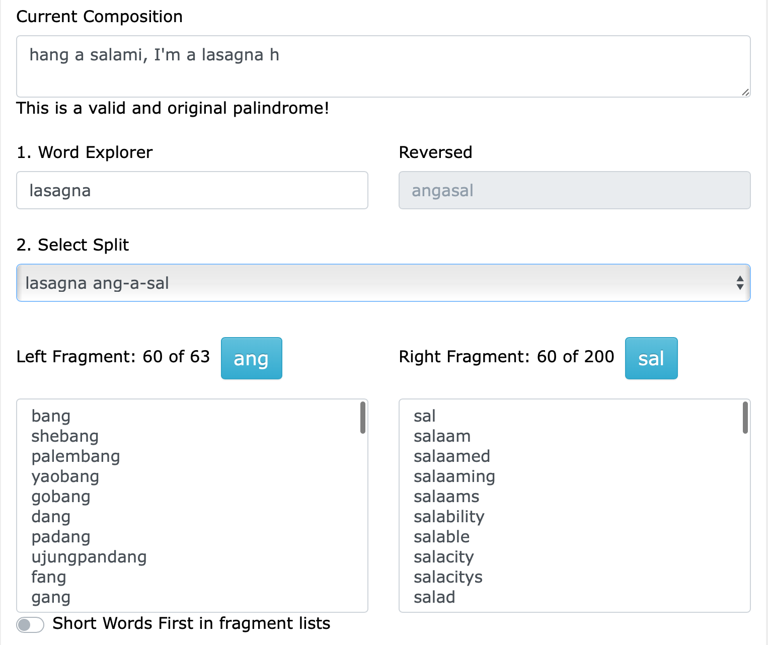 Palindrome Composer screen: your composition, word explorer, split, split fragments