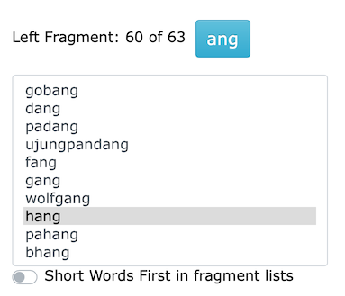 Left pane contains words matching the left fragment, with blue button linking to reversed list.