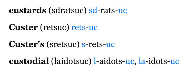 Main Word List, example of several three-way splits on multiple words