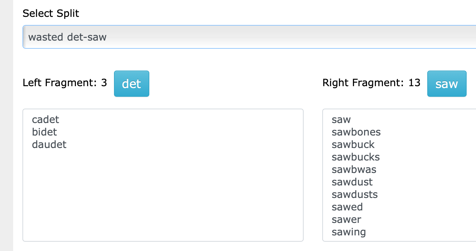 Words matching fragments in split det-saw