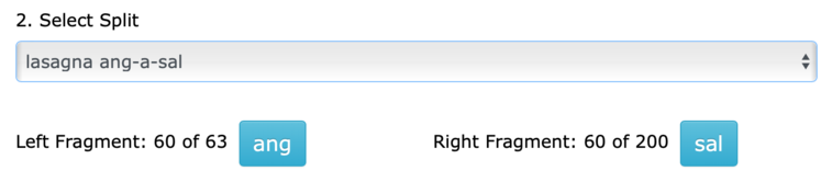 Split selection and number of words matching split fragments.